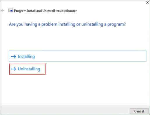 unable to uninstall program windows 10